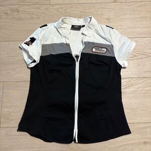 Harley Davidson HD Racing Logo Short Sleeve Color Block Zip Up Size L Women's